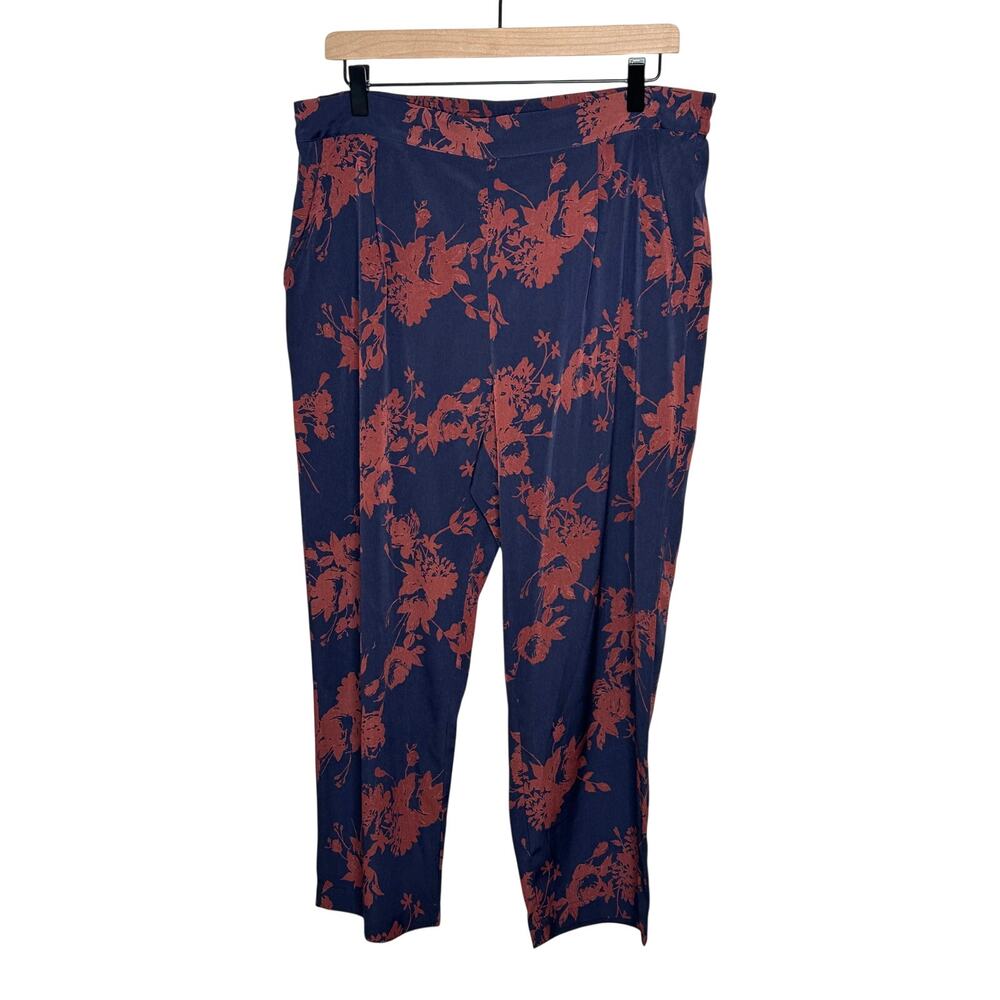 Skies Are Blue Womens L Red Blue Floral Cropped Pants High Rise Boho Straight